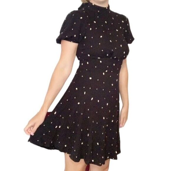 Free People Dress Abbie Printed Reversible Mini Dress Black Size 8 Puff Sleeve - Picture 1 of 12